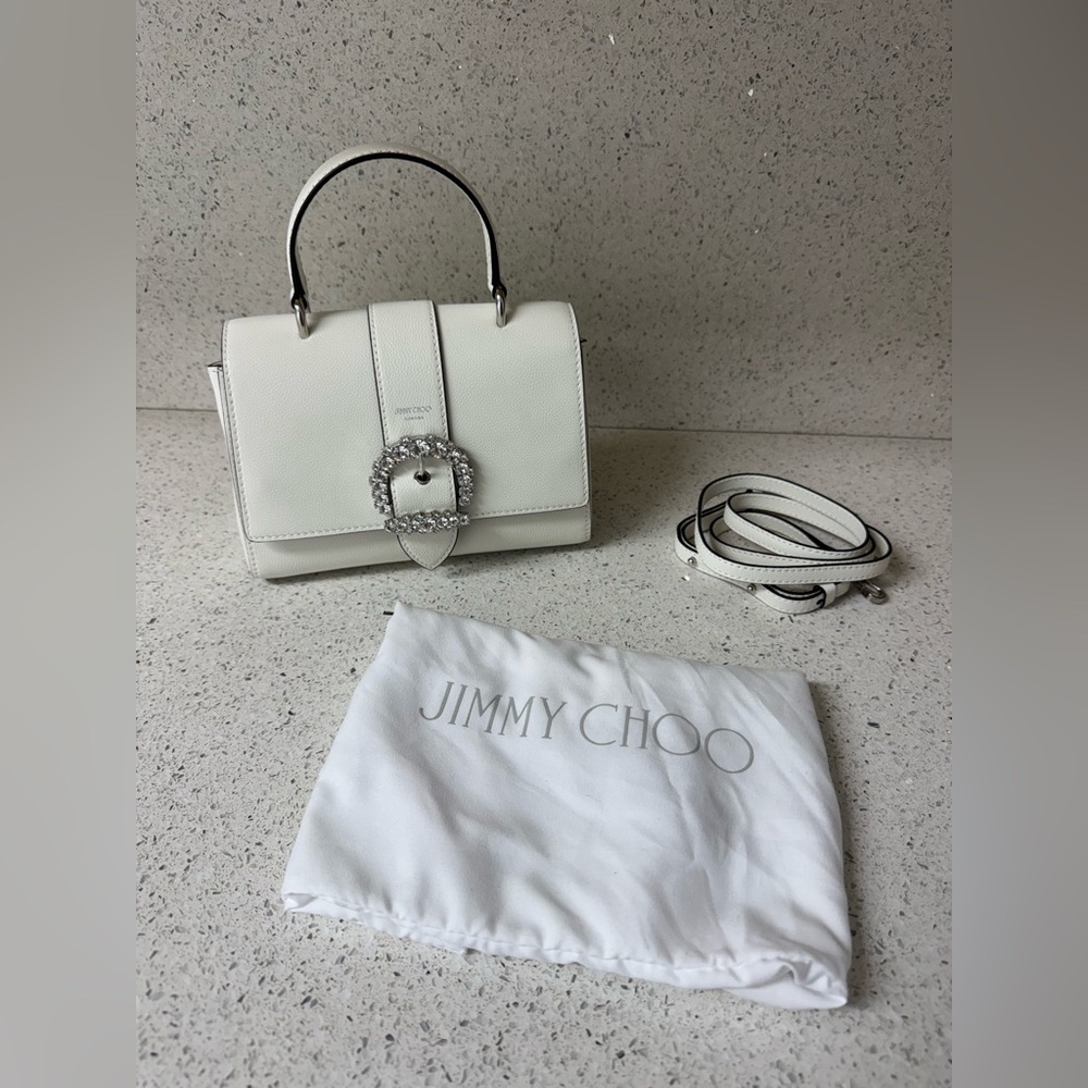 Jimmy Choo Top Handle Crossbody White Bag & Crystal Buckle with Silver Hardware